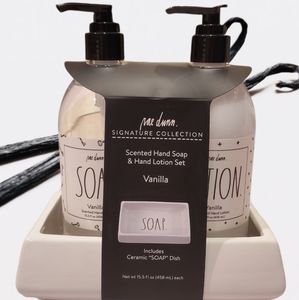 Rae Dunn Soap and Lotion set with dish
